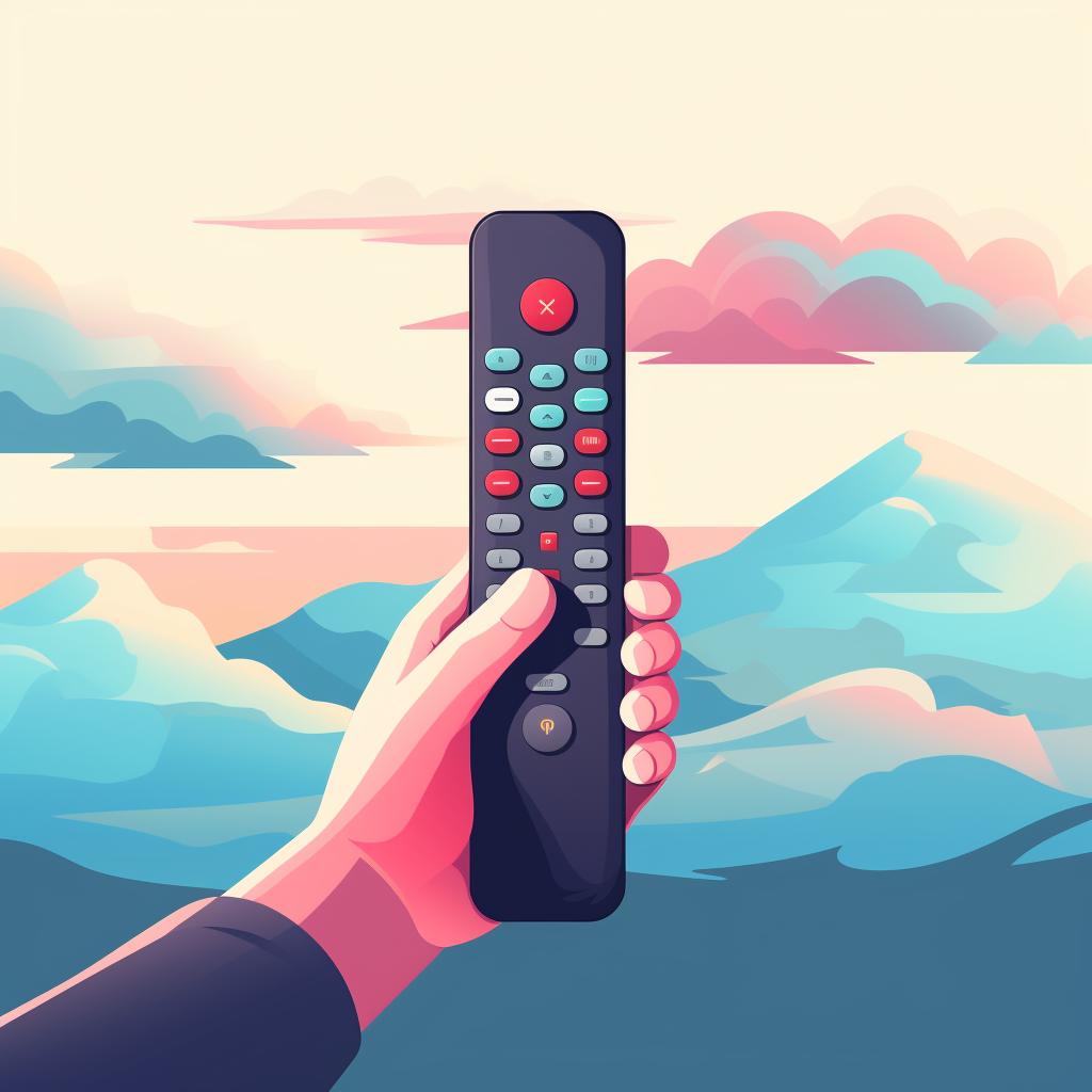 A hand holding a TV remote