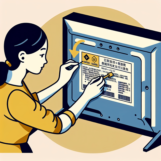 a person looking at the model number label on the back of a television