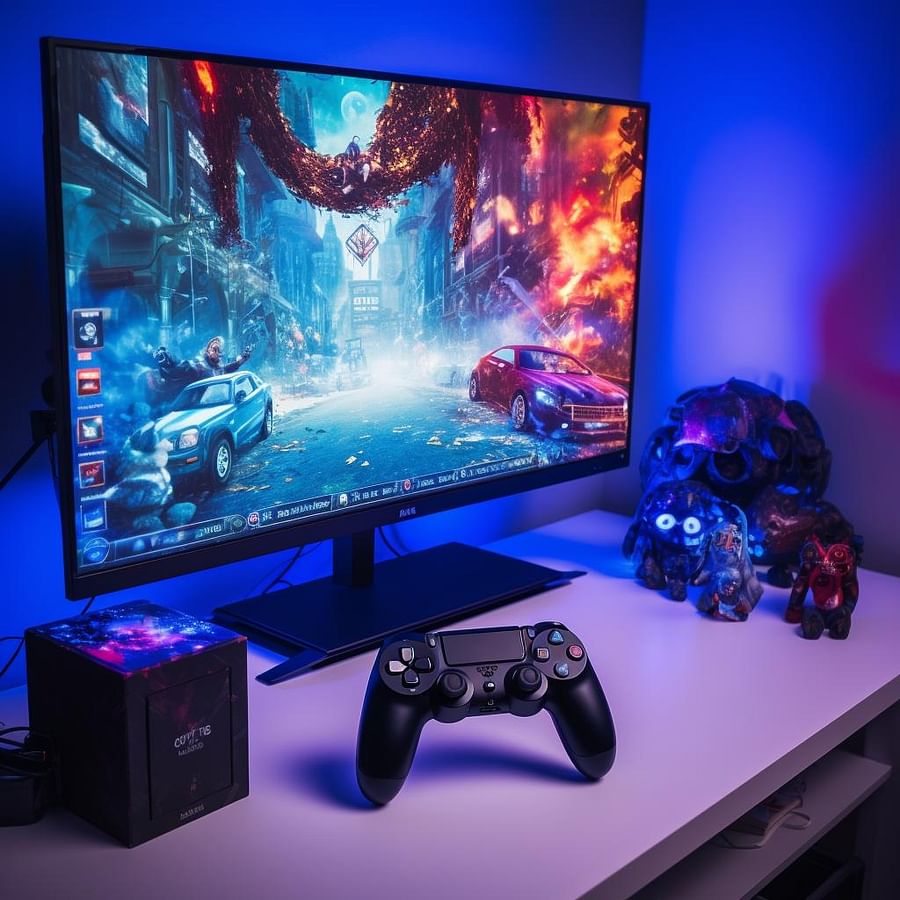 PS4 gaming setup with focus on the screen displaying high refresh rate